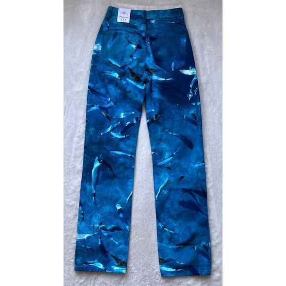 NWT Zara Straight Fit High Rise Regular Length Printed Jeans in Blue, Size 0 & 4 - Picture 14 of 16